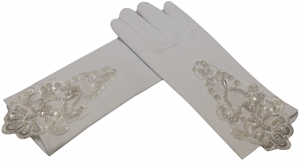 GIRLS SHORT SATIN GLOVES W/ PEARLS & APPLICATION (WHITE)